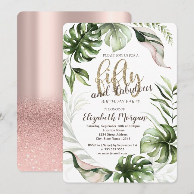 Tropische Blätter Rose Gold 50. Geburtstag Einladung (Vorne/Hinten)