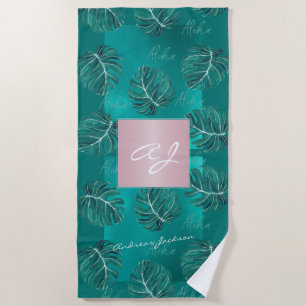 Tropische Blätter Rose Gold moderne Monogramm-Beze Strandtuch