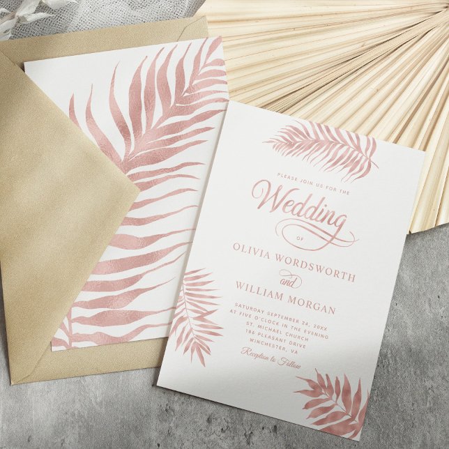 Tropische Blätter Rose Gold Weißer Traum Hochzeit Einladung (Von Creator hochgeladen)