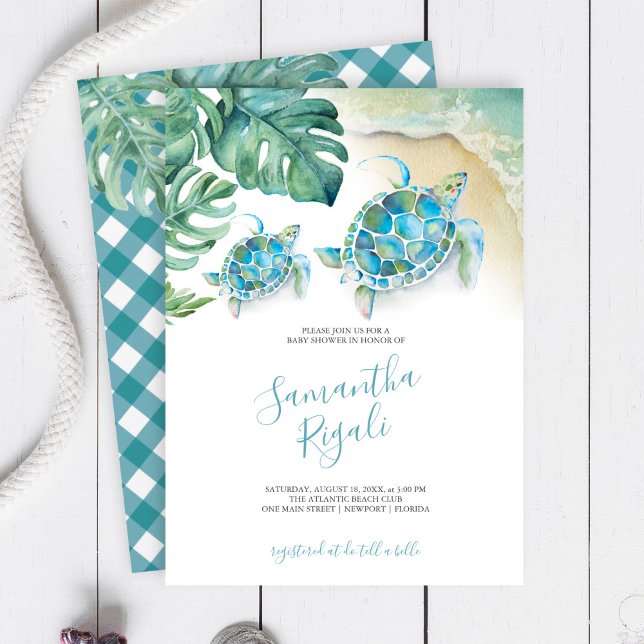 Tropische Blätter Sea Turtle Boy Baby Dusche (Baby shower invitations tropical watercolor sea turtle, palm leaves and ocean with gingham print)