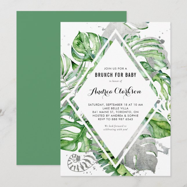 Tropische Blätter Silver Foil Summer Baby Dusche Einladung (Vorne/Hinten)