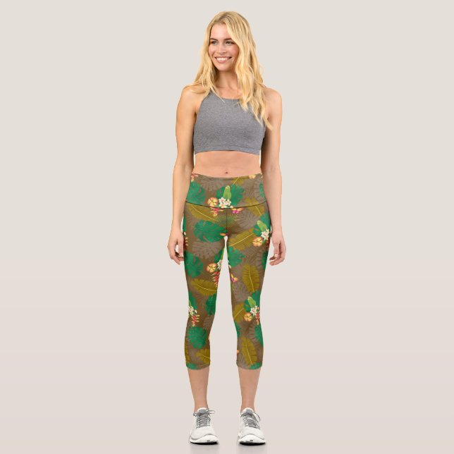 Tropische Blätter Sommerbraun Capri Leggings (Vorderseite)