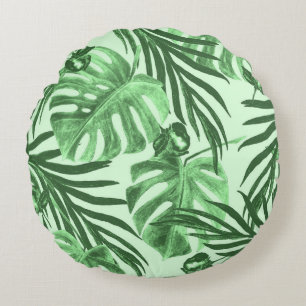 Tropische Blätter und Blume, Aquarellmuster. Rundes Kissen