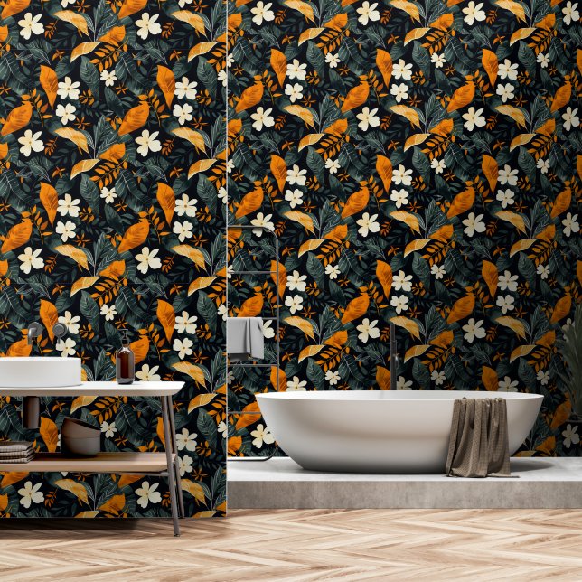 Tropische Blätter und Blume grün und braun Tapete (Badezimmer)