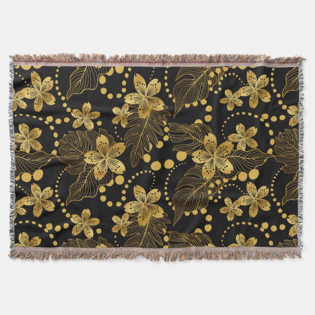 tropische Blätter und Blume in Gold auf schwarz Decke (Vorderseite)