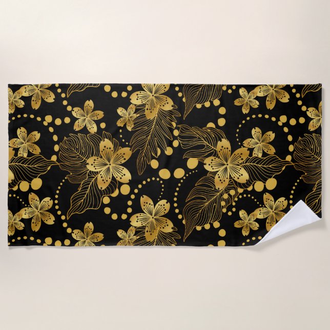 tropische Blätter und Blume in Gold auf schwarz Strandtuch (Vorderseite)