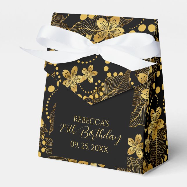 Tropische Blätter und Blume in Schwarz und Gold Geschenkschachtel (Vorderseite)