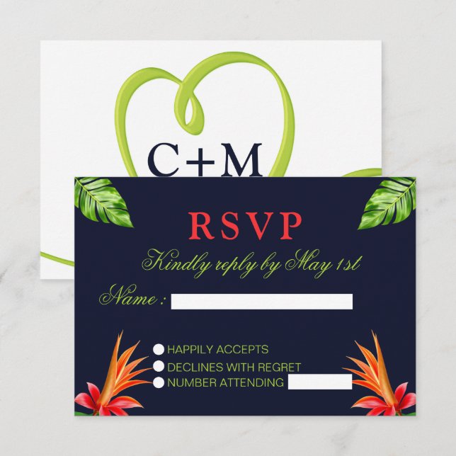 Tropische Blätter und Blume Retro-Hochzeit RSVP Karte (Vorne/Hinten)