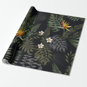 Tropische Blätter und Blumen im Nachtstil. Na Geschenkpapier