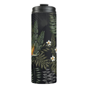 Tropische Blätter und Blumen im Nachtstil. Na Thermosbecher