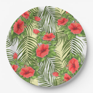 Tropische Blätter und Hibiskus Round Paper Teller