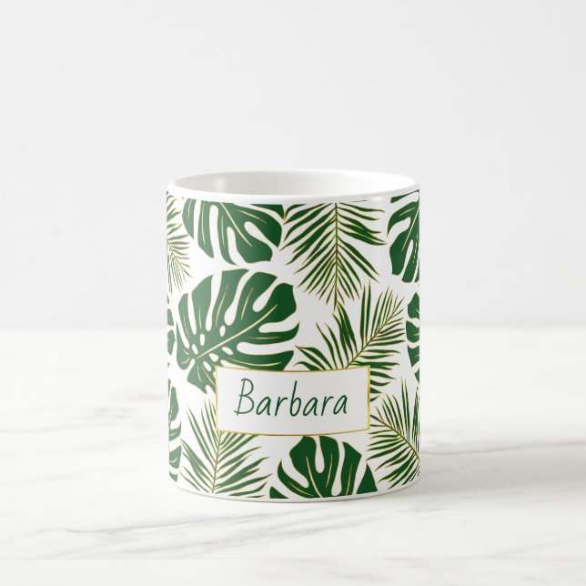 Tropische Blätter und Name Grün und Gold Kaffeetasse (Mittel)