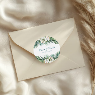 Tropische Blätter und weiße Blumen Hochzeit Runder Aufkleber