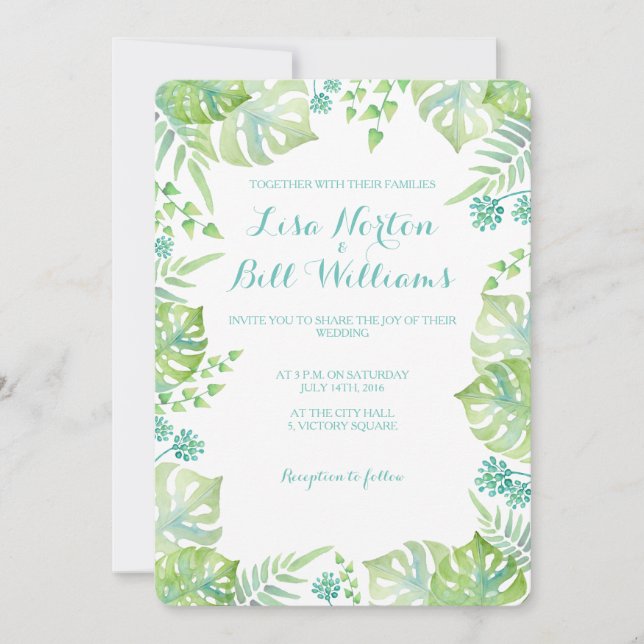 Tropische Blätter Watercolor-Hochzeitseinladung Einladung (Vorderseite)
