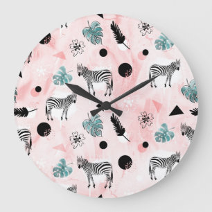 Tropische Blätter Zebras Krawatte-Farbmuster Große Wanduhr