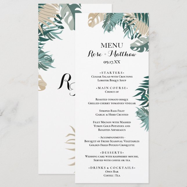 Tropische Blätter zum Hochzeitsessen Menükarte (Vorne/Hinten)