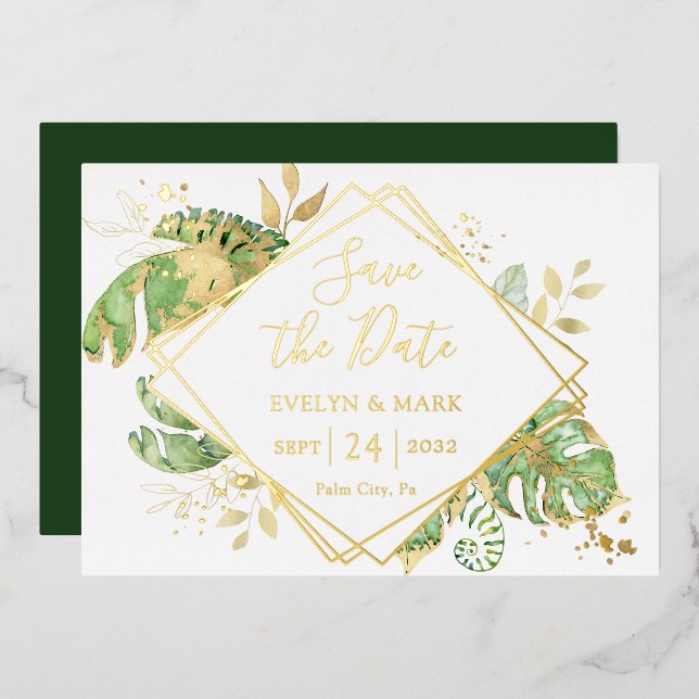 Tropische Blattgoldfolie Save the Date Folieneinladung (Vorderseite/Rückseite)