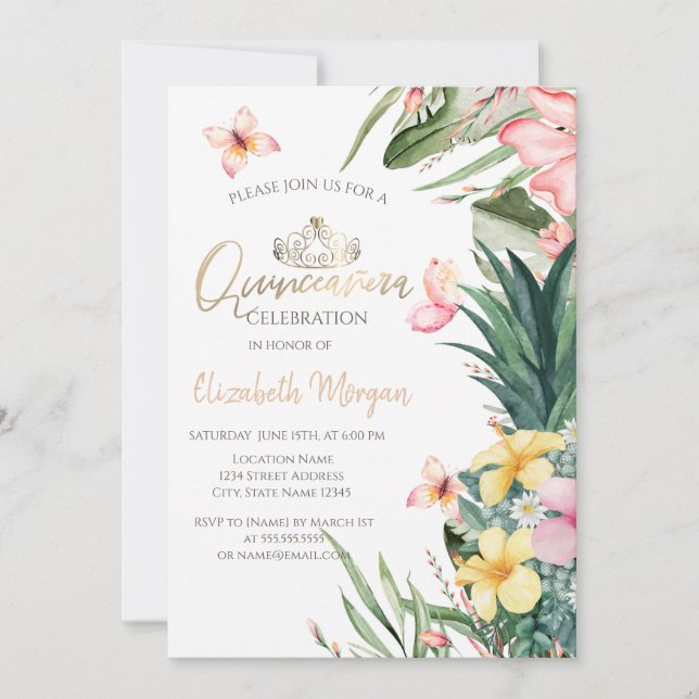 Tropische Blume Ananas-Schmetterlinge Quinceañera Einladung (Vorderseite)