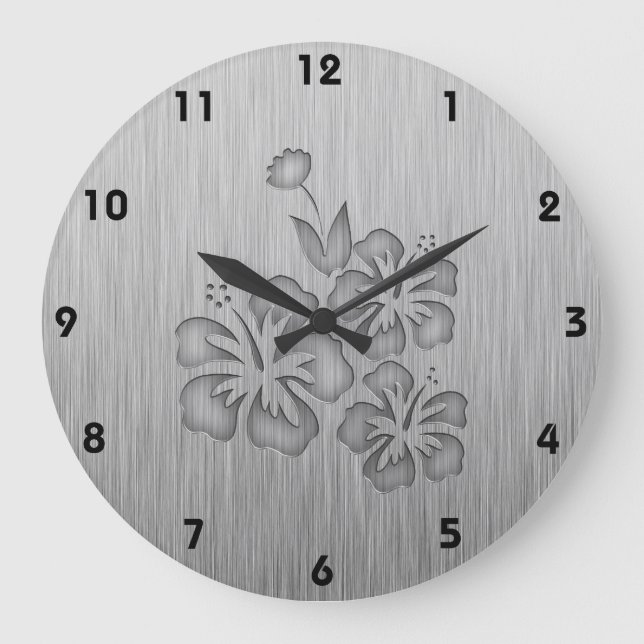 Tropische Blume aus gebürstetem Metall Große Wanduhr (Vorderseite)