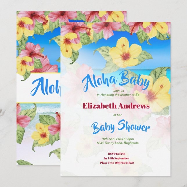 Tropische Blume Baby Dusche Beach Aloha Einladung (Vorne/Hinten)