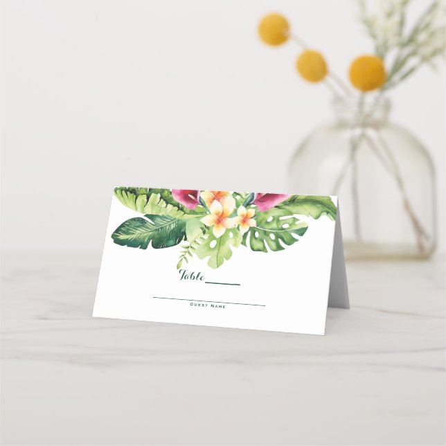 Tropische Blume Blätter Blumenchic Hochzeit Platzkarte (Rückseite)