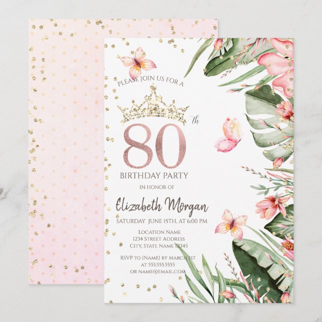 Tropische Blume Blätter Diamonds 80. Geburtstag Einladung (Vorne/Hinten)