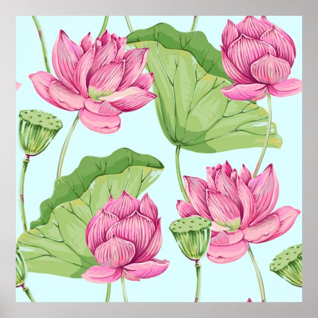 Tropische Blume, Blätter, Rosa Lotus, Poster (Vorne)