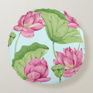 Tropische Blume, Blätter, Rosa Lotus,  Rundes Kissen