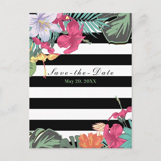 Tropische Blume Blätter Save the Date Chic Ankündigungspostkarte (Vorderseite)