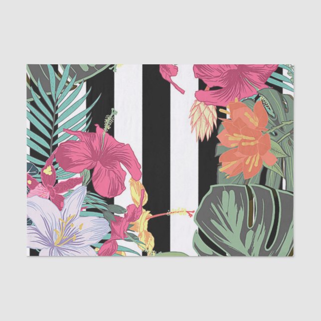 Tropische Blume Blätter Schwarz-weiße Streifen Seidenpapier (Vorderseite)