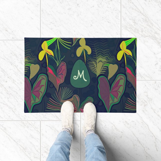 Tropische Blume Botanische Pflanze Monogramm Fußmatte (Indoor)
