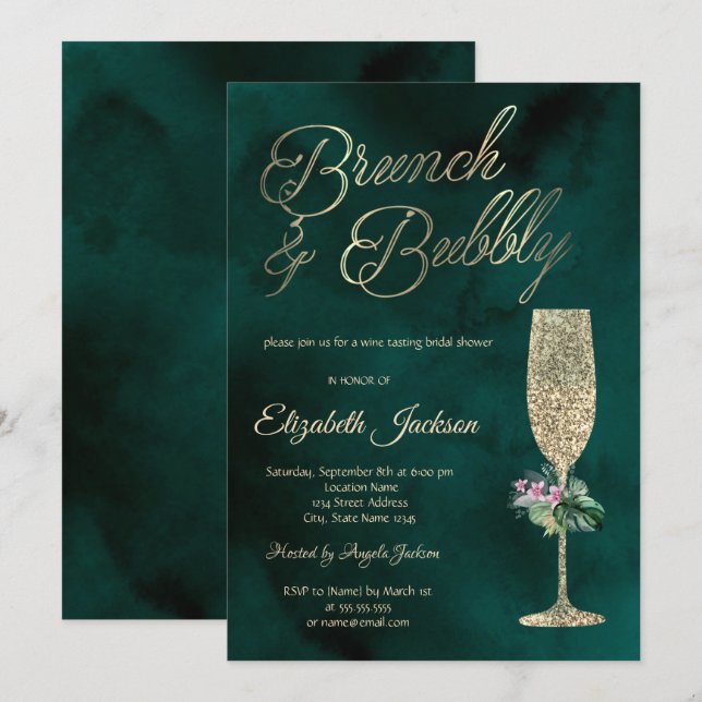 Tropische Blume Champagner Glass Green Einladung (Vorne/Hinten)