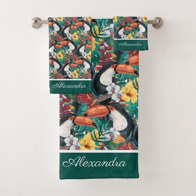 Tropische Blume der grünen schwarzen Toucan Monogr Badhandtuch Set (Insitu)
