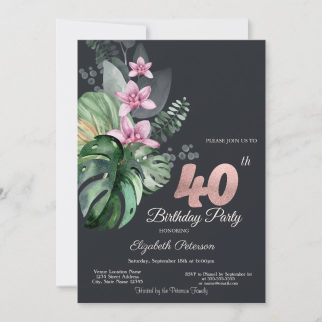 Tropische Blume Dunkel 40. Geburtstag Einladung (Vorderseite)