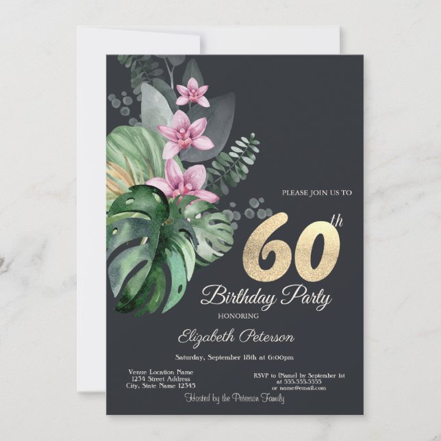 Tropische Blume Dunkel 60. Geburtstag Einladung (Vorderseite)