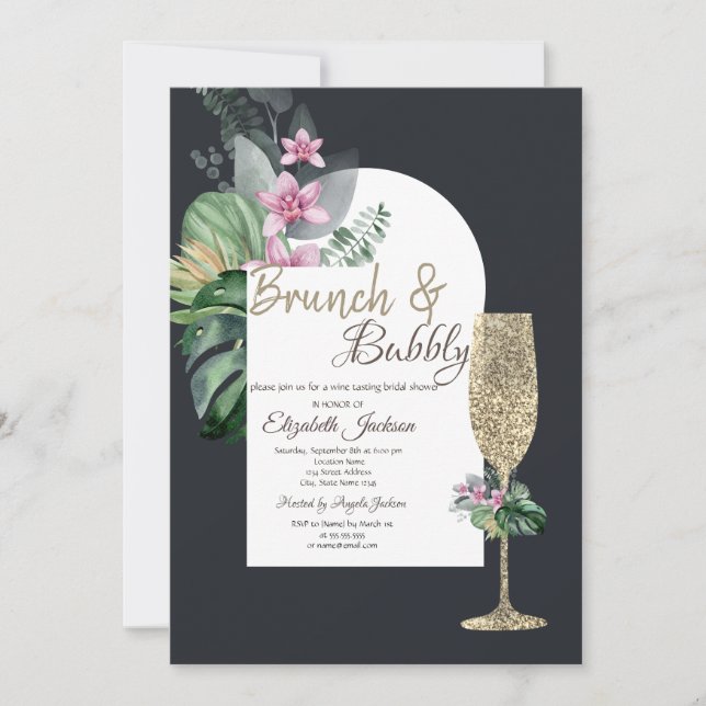 Tropische Blume Dunkles Champagnerglas Einladung (Vorderseite)