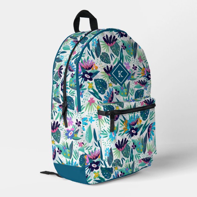 Tropische Blume farbiges Muster Monogramm Bedruckter Rucksack (Rückseitige Ecke links)