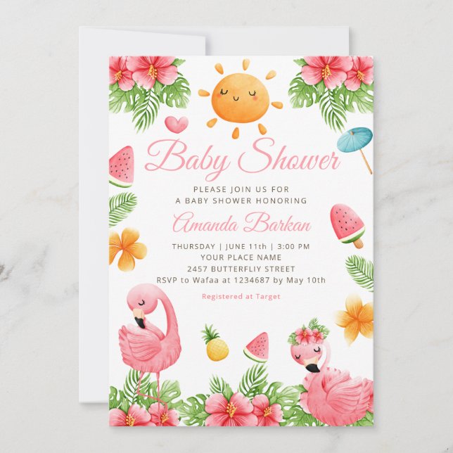 Tropische Blume Flamingo Beach Girl Babydusche Einladung (Vorderseite)