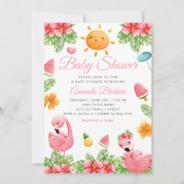 Tropische Blume Flamingo Beach Girl Babydusche Einladung