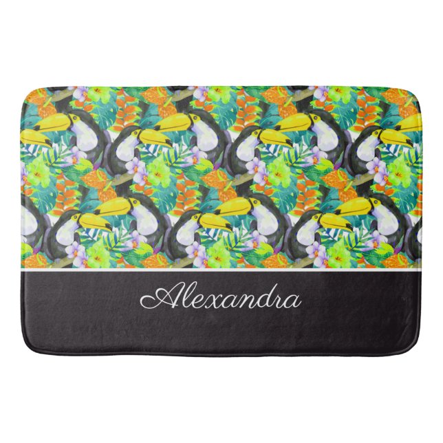 Tropische Blume für Toucan Black und White Monogra Badematte (Vorderseite)