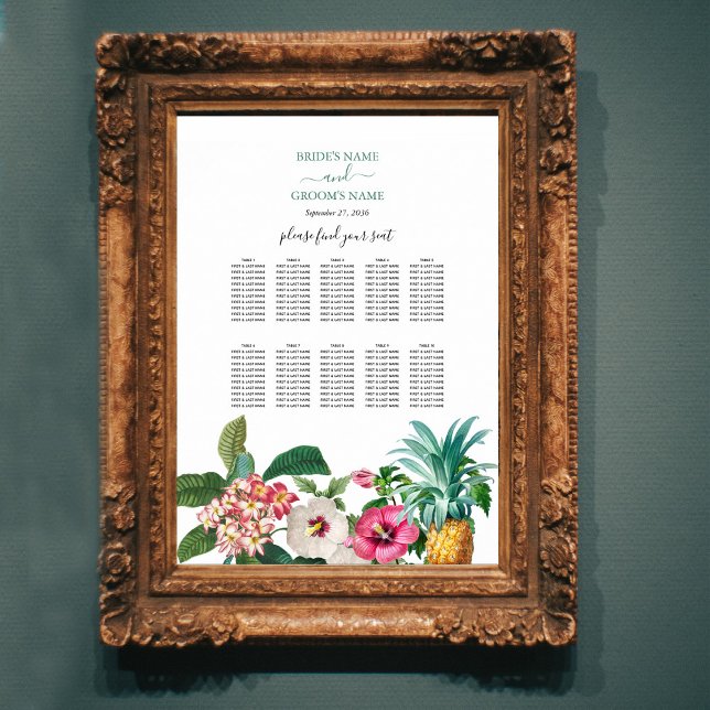 Tropische Blume & Grünpflanzen Hochzeitskarte Poster (Tropical Flowers & Greenery Wedding Seating Chart)