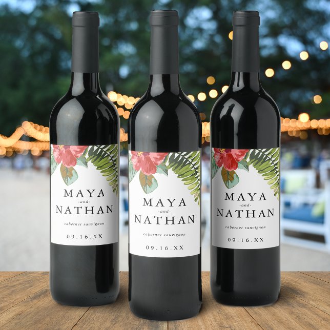 Tropische Blume Grünpflanzen Personalisiert Weinetikett (Tropical Watercolor Flower Greenery Personalized Wine Label)