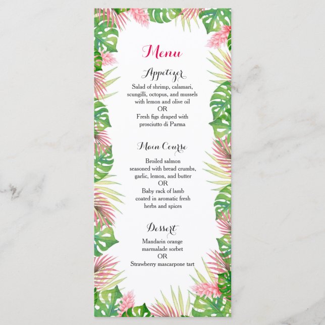 Tropische Blume Hochzeitsmenü Menükarte (Vorderseite)