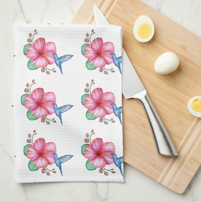 Tropische Blume Hummingbird White Geschirrtuch (Viertel Falte)
