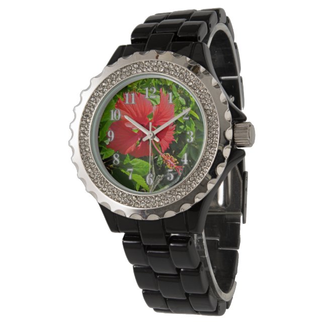 Tropische Blume-Initialen Hellrosa-Insel Armbanduhr (Schrägansicht)