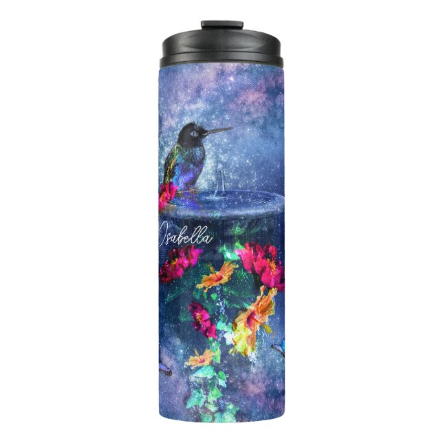 Tropische Blume, Kolibris, personalisiert Thermosbecher (Vorderseite)