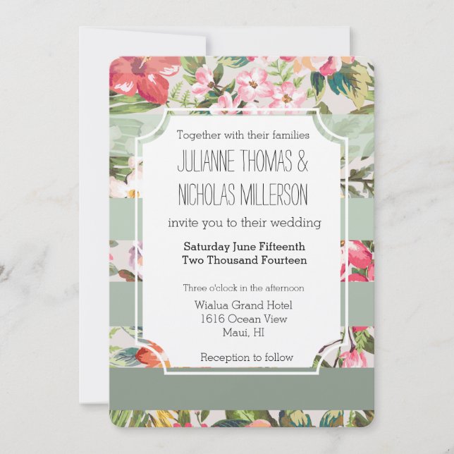 Tropische Blume-Minzstreifen-Hochzeit Einladung (Vorderseite)