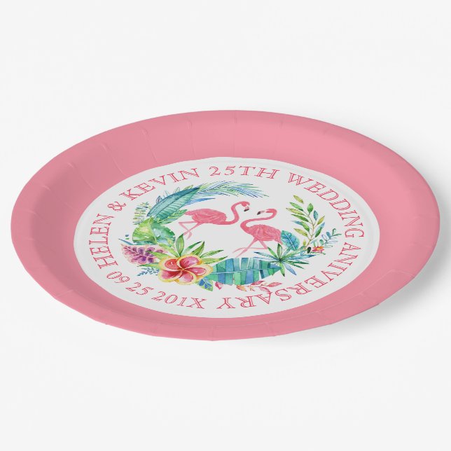 Tropische Blume mit rosa Flamingos Pappteller (Schrägansicht)