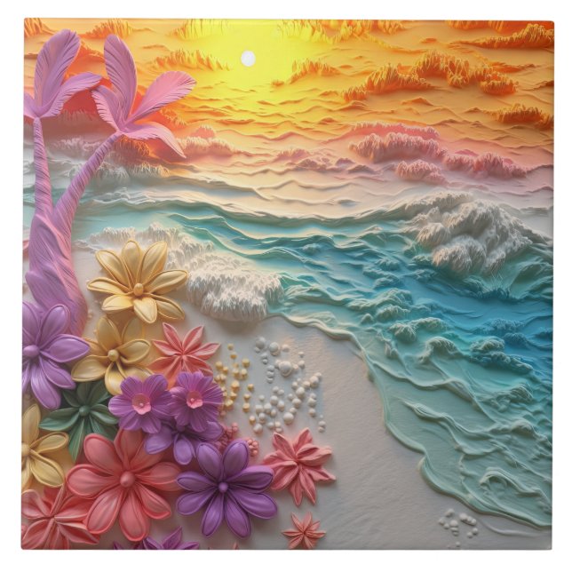 Tropische Blume mit Sonnenuntergang Fliese (Vorderseite)