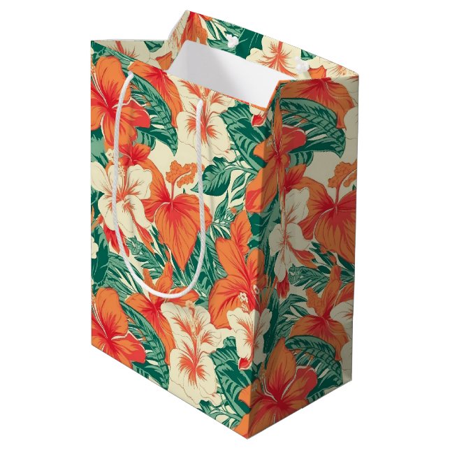 Tropische Blume Muster Hawaiianvibe Mittlere Geschenktüte (Rückseite Schrägansicht)